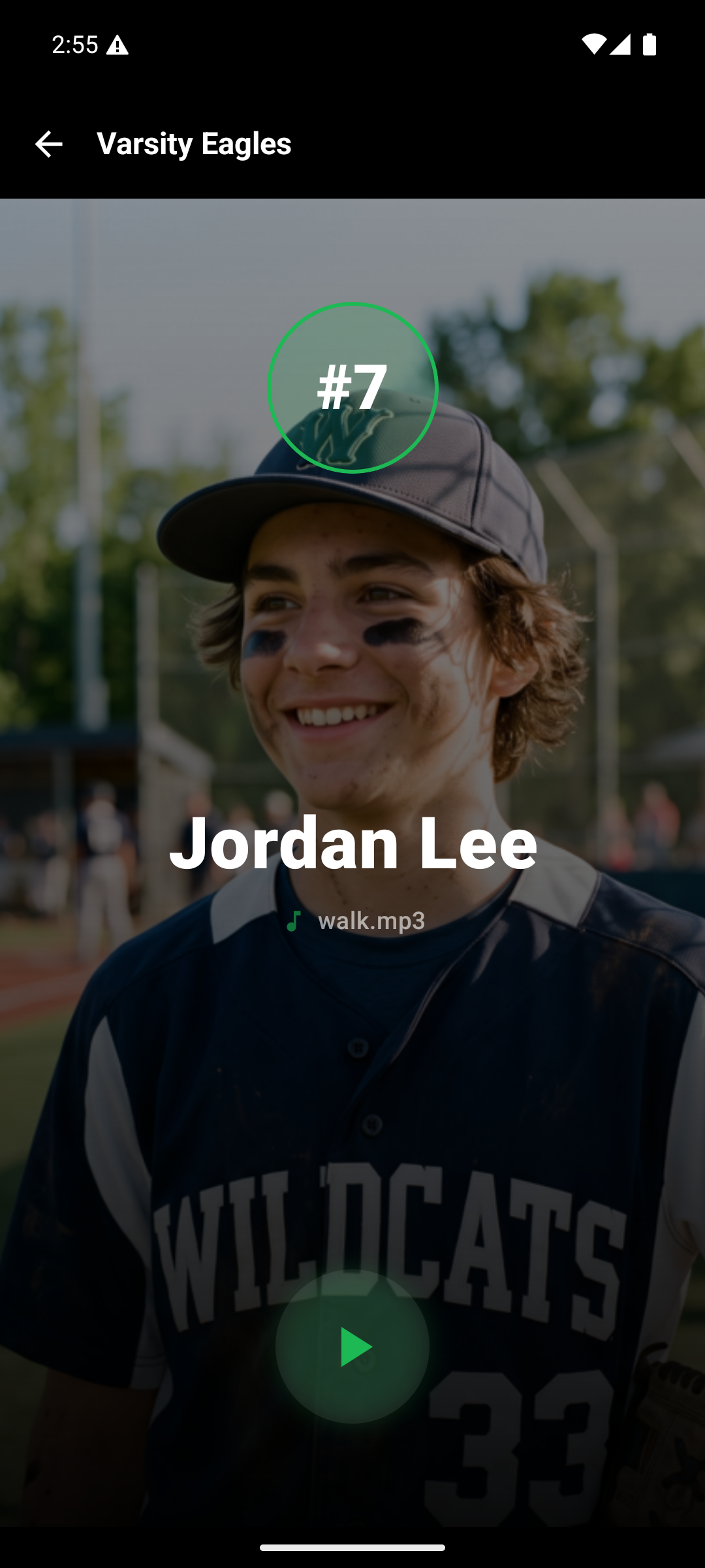 SquadJams play mode with player photo, jersey number, and hold-to-play button