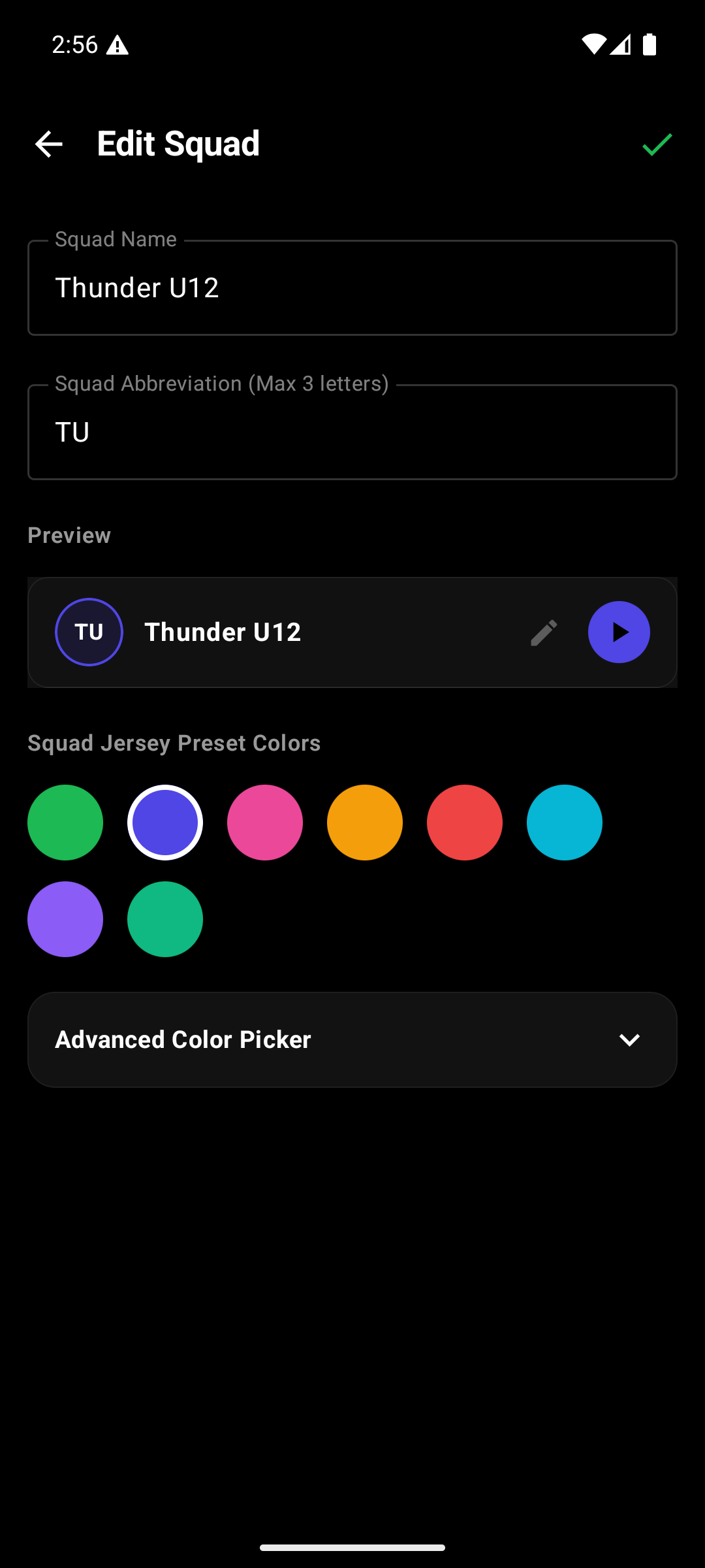 Squad editor screen